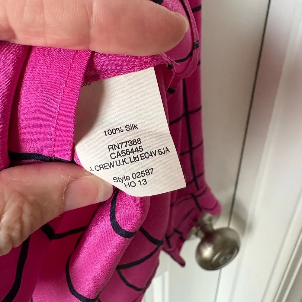 J.Crew 100% Silk Boy Shirt Blouse Fuchsia Pink Black Windowpane Plaid - Size S